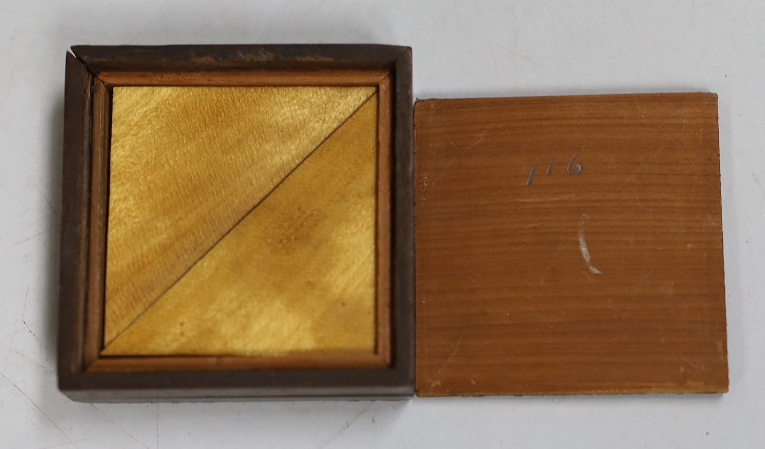 A Tunbridge ware tangram puzzle box, 5cm.